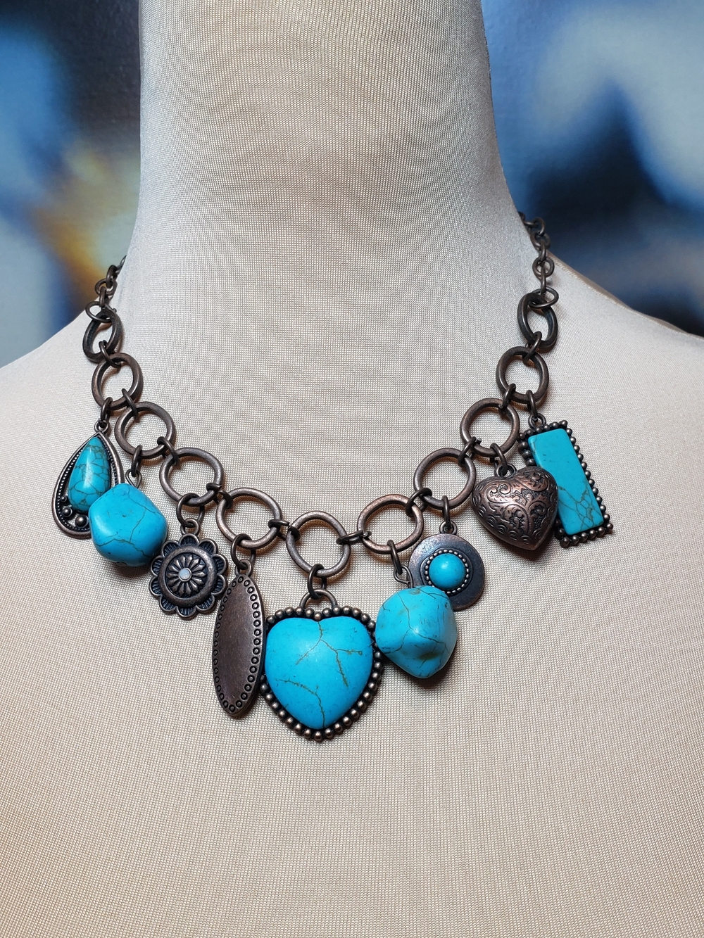 Turquoise & Antique Bronze Heart Charm Necklace